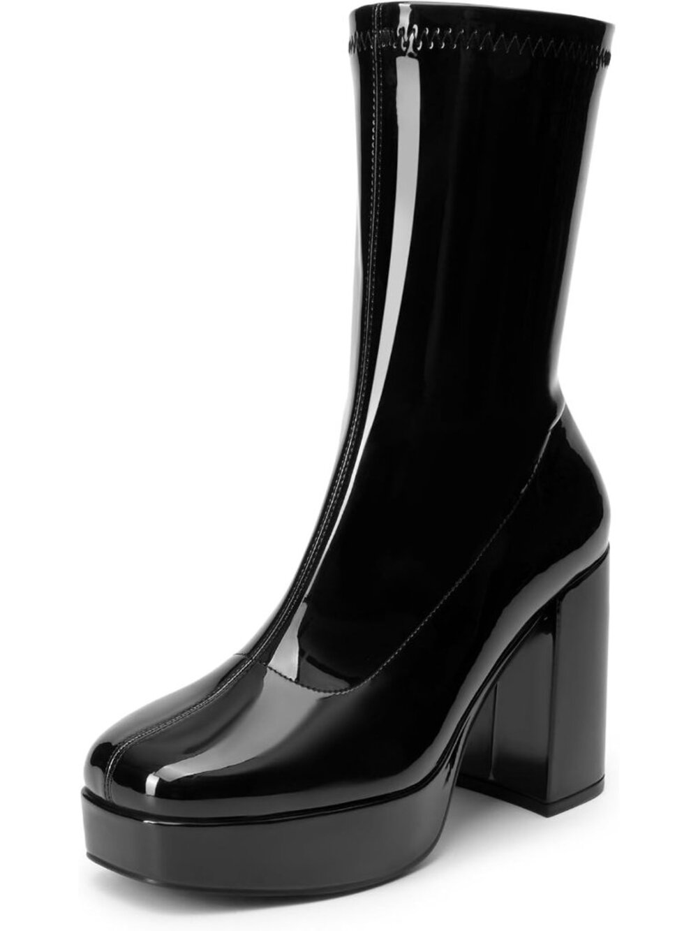 DREAM PAIRS Womens Black Pat Square Toe High Chunky Mid Calf Platform Boot Shoes